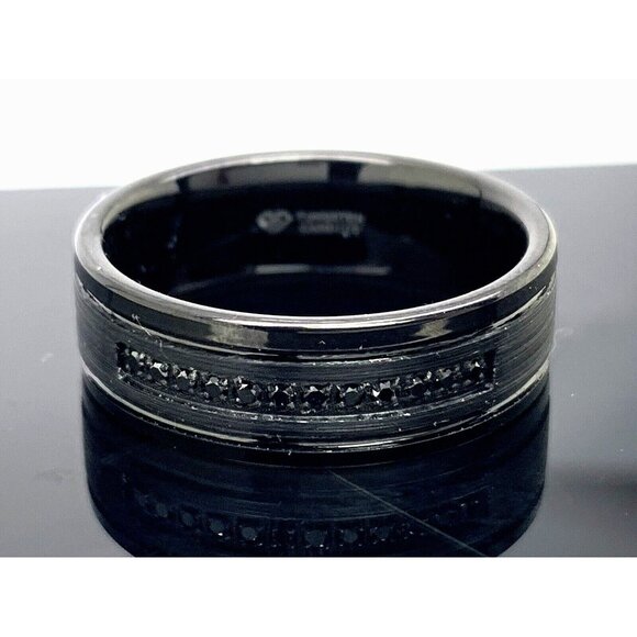 Men's Wedding Band Tungsten Black Gemstones 8mm Wide Ring Size 8.25
